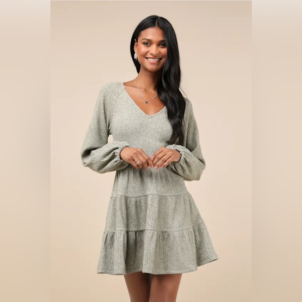 NWT Lulus Adorable Option Heather Green Long Sleeve Mini Sweater Dress Sz XS